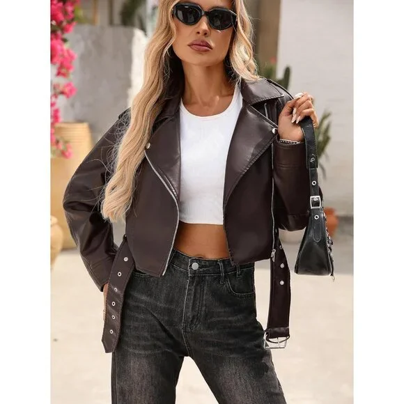 Women's Chocolate Faux Leather Cropped Jacket Vegan Motor Biker Coat with Belt